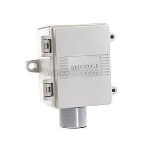 A small light-grey Greystone sensor box with a hinged lid, flanged mounting ears, and a round conduit hub at the bottom