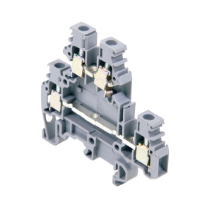 Gray plastic two-tier terminal block with multiple metal clamp connections.