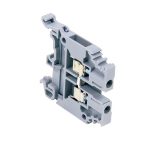 Grey plastic DIN rail terminal block with two tiers and screw clamp connectors