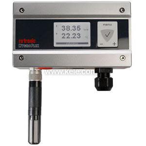 Industrial transmitter with black front display and metal probe for measuring humidity and temperature