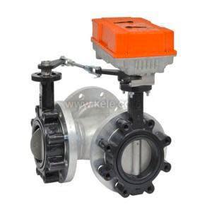 A dual-valve assembly showing two black flange-mounted butterfly valves connected by a metal linkage to a top-mounted orange electric actuator on a silver pipe body, displayed against a white background.