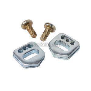 Two small silver square plates with slots and matching gold screws used for mounting actuators or devices.