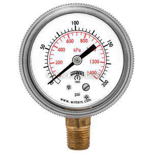 A round mechanical pressure gauge with a white face, red and black numbers, and a brass threaded fitting on the bottom.