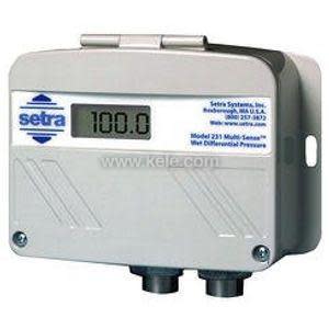 Grey rectangular Setra 231 pressure transmitter with digital readout and two threaded ports on the bottom