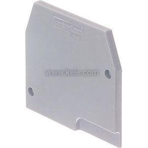 Grey plastic end cover with two holes and slotted base for blocking off terminal block