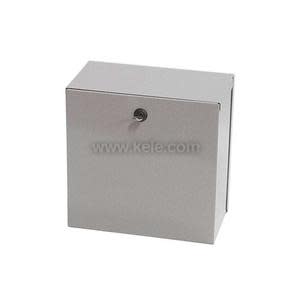 Small rectangular grey metal enclosure with a flat front door secured by a key lock at the center