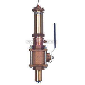 Long bronze valve assembly with cylindrical actuator and small lever handle on side.