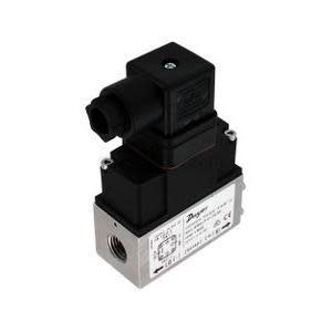 photo of a compact rectangular solenoid valve or pressure switch with a black plastic connector top and a silver metal body featuring a threaded port and identification label