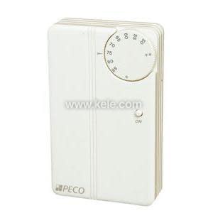 Rectangular thermostat with a round numbered dial at the upper right and a small switch labelled 'ON' below