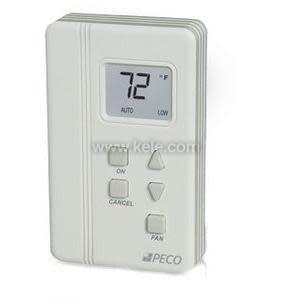 White handheld thermostat device with a digital display and triangular control buttons below