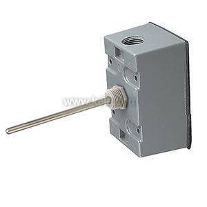 Grey rectangular metal housing with central threaded fitting and long stainless steel probe extending outward