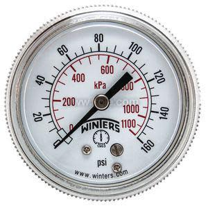 Circular pressure gauge marked in psi and kilopascals, with a needle pointing at measurement values on a white dial.