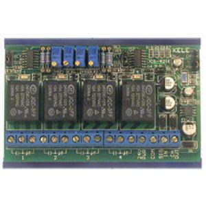 Rectangular circuit board with four black relays in a row and a blue screw terminal strip along the bottom edge.