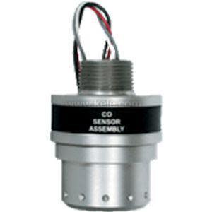 Silver cylindrical carbon monoxide sensor with vented bottom, threaded male fitting on top and red, black and white wires