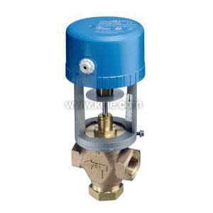 Brass three‑port valve with attached blue electric motor actuator and hardware