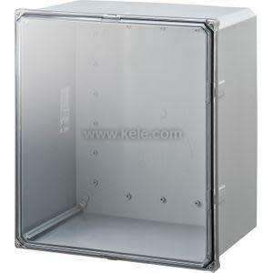 A sizable rectangular gray electrical box with a transparent front cover secured by corner screws, revealing multiple mounting points inside, against a neutral background.