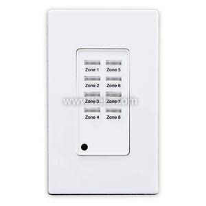 Image shows a white control panel with eight small rectangular switches arranged in two columns, labeled 'Zone 1' to 'Zone 8', along with a tiny indicator light near the bottom.