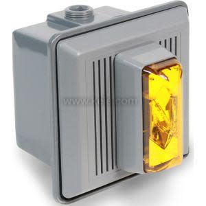 Grey box with amber strobe light and vertical vent slots