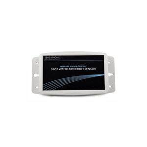 Small white electronic sensor with mounting flanges and a black front panel labelled 'spot water detection sensor'