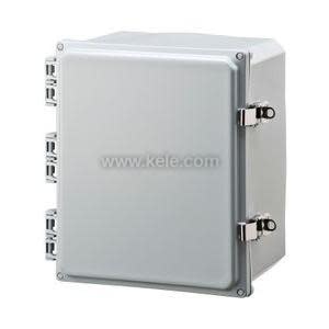 Large grey box with hinged opaque front and shiny metal clasp on the side.