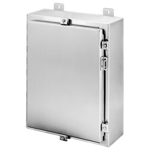 Stainless steel electrical enclosure with hinged door and latches.
