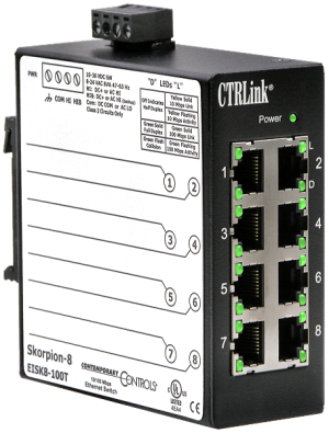 Eight-port network switch with row of RJ45 connectors