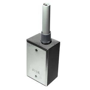 Rectangular grey housing with white vented probe protruding from front for humidity/temperature