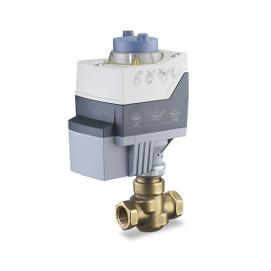 Short brass valve with three threaded ports topped by a two-tone grey motor unit featuring a round purple dial at the top.