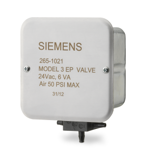Square brushed metal box with 'Siemens' printed on front, two small barbed air ports protruding from bottom and mounting screws