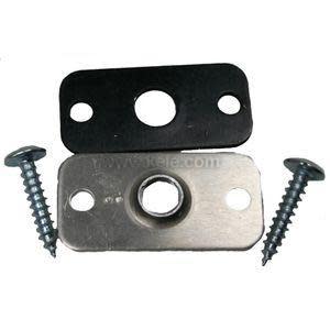 Two rectangular plates, one black plastic and one silver metal, each with a central hole and flanking screw holes, with two screws beside them.