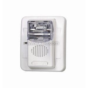 White alarm device with textured lens and horn grill.