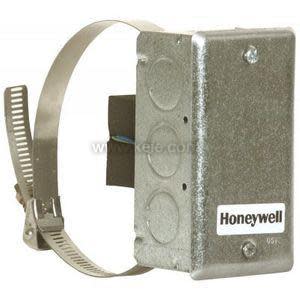 Galvanized metal sensor housing with circular knockouts and a large adjustable metal band clamp for attaching to pipes