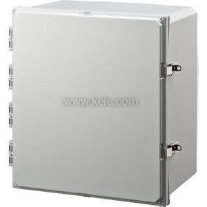 Large square grey enclosure with smooth front door, side hinges and two metal cam latches on the right edge