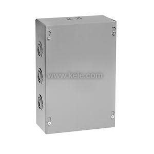 Rectangular metal junction box with knockouts and screw‑on cover.