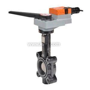 Butterfly valve with orange actuator and black lever.