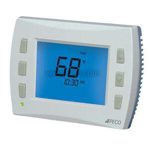 Light gray wall thermostat with a central blue screen showing '68°F' and 'Sun' above it, flanked by six rectangular buttons for control.