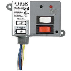 Grey RIBU1SC relay box featuring a white rocker switch above a red one, plus multicolored wires and a red LED indicator.