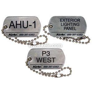 Three metal tags with printed labels and bead chains.