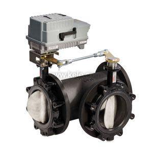 Two large round black valves connected by a horizontal linkage, topped by a rectangular grey motor unit.