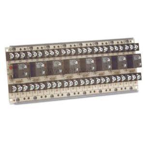 Green circuit board with relays and terminals for alarms