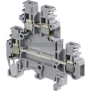 Grey tiered terminal block for DIN rail with multiple connection points and metal clamps