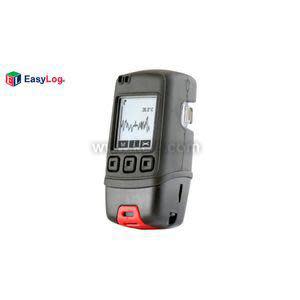 Small black recorder with a screen displaying a line graph and three square buttons.