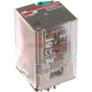 Photograph of a clear plastic‑cased electrical control relay, showing the internal coil and contacts with printed voltage and amperage ratings on the side.
