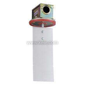 Rectangular metal control box mounted on round base with long paddle extending downward