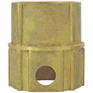 Short cylindrical brass coupling with hex-shaped center section and threaded ends.