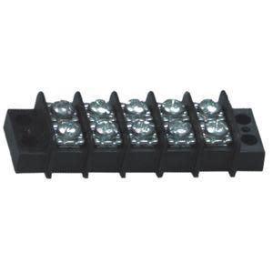 Small green six-position screw terminal strip with open slots