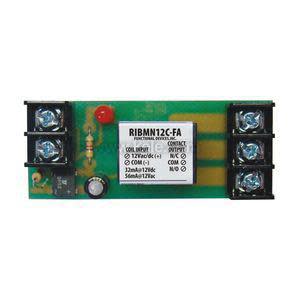 A compact rectangular relay board labeled 'RIBMN12C-FA' mounted on a green and yellow PCB; it has a tiny red LED indicator, a few discrete components, and two rows of blue screw terminals on either side, set against a plain white background