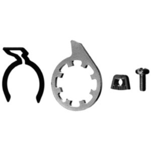 Set of small mounting hardware pieces: clamp, slotted ring, knob and screw.