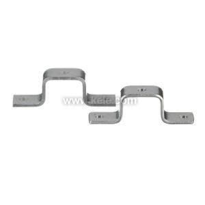 Two identical metal brackets shaped like flattened U's, each with two holes on the ends for screws.