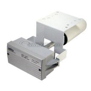 Grey rectangular sensor labeled Setra attached to a white metal bracket with holes, used for pressure or flow monitoring.